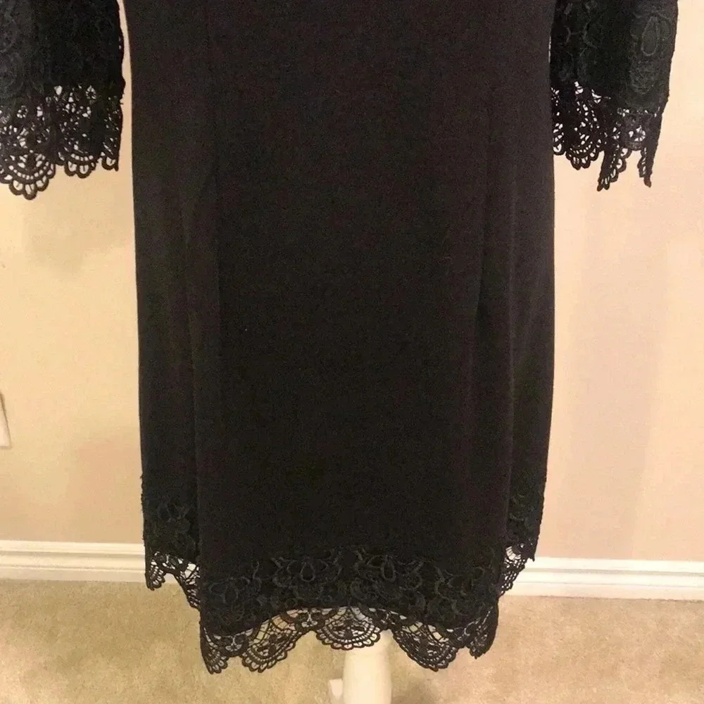 Beige by ECI Black Intricate Scalloped Lace Boat Neck 3/4 Sleeved Dress-Size 10 - Picture 8 of 12